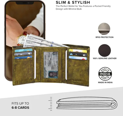 Vista 3 de Tri fold Leather Wallet for Men with RFID Slim Wallets for Men with 1 ID and 6 Credit card slots Front Pocket Minimalist Gift