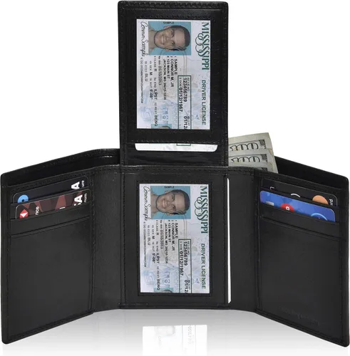 Vista 56 de Cartera de cuero RFID hecha a mano para hombres, elegante cartera de bolsillo frontal triple con 2 ranuras para identificación y 9 tarjetas, Azul