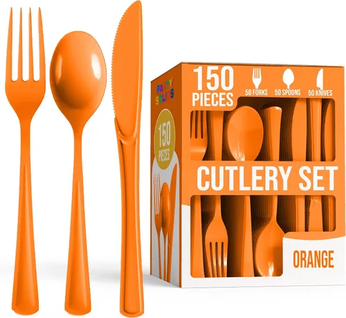 Vista 10 de Party Solids Cubiertos de plástico negro resistente, 150 piezas, cubiertos desechables negros, juegos de utensilios, 50 de cada tenedor, cuchillos