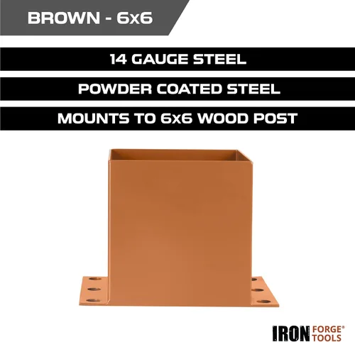 Vista 3 de Iron Forge Tools Base de poste de 6 x 6 pulgadas para hormigón, paquete de 4 anclajes de acero resistente con recubrimiento de polvo marrón