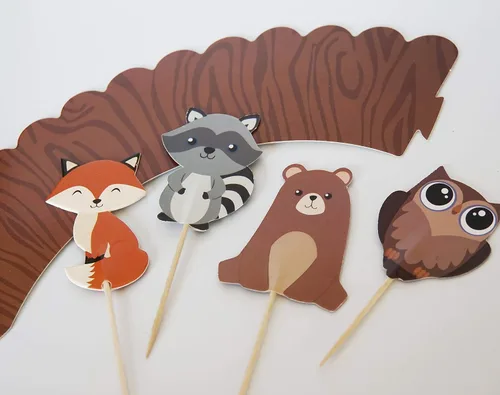 Vista 2 de 24 adornos para cupcakes de animales del bosque + 24 envoltorios - Red Fox Tail inc
