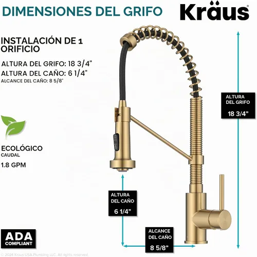 Vista 6 de KRAUS Bolden KPF-1610BB - Grifo de cocina extraíble de una sola manija de estilo comercial con 2 funciones en latón cepillado sin manchas, KPF-1610BB