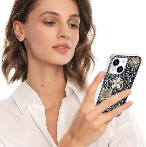 Vista 6 de Losin Funda compatible con iPhone 15 con correa de cordón, diamantes de imitación de cristal 3D de lujo para mujeres y niñas, funda brillante