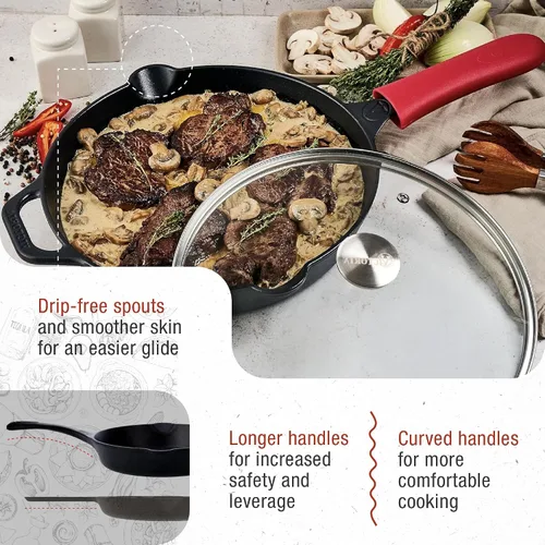 Vista 10 de Victoria - Set de sartén de hierro fundido de 12 pulgadas con tapa de vidrio templado, cubierta de mango grande y raspador de sartén