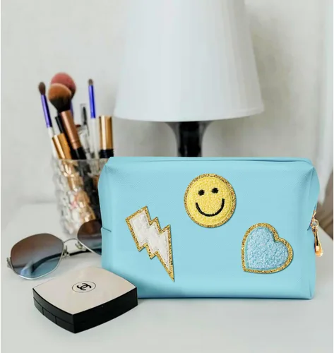 Vista 6 de LieToi - Bolsa de aseo pequeña con parche preparado, sonrisa, relámpago, corazón, arcoíris, de piel sintética, bolsa de maquillaje impermeable Azul