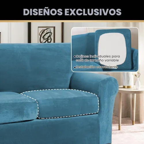 Vista 4 de PrinceDeco Funda elástica de terciopelo para sofá de 2 piezas, funda para silla, lavable, protector de muebles suave con parte inferior elástica Azul