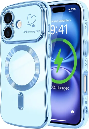Vista 51 de LCHULLE - Funda magnética para iPhone 13 para mujeres y niñas, con forma ondulada, color azul bebé [Compatible with MagSafe] Cute Curly Wave, Love