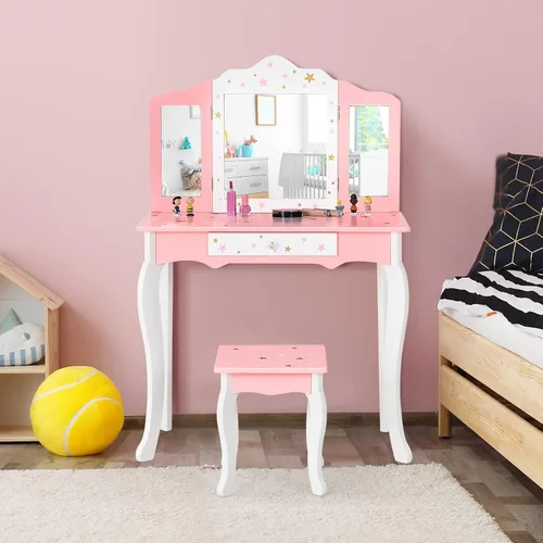 Vista 2 de HONEY JOY Juego de tocador para niños, mesa de maquillaje de madera estilo princesa con taburete y cajón, espejo de triple plegado, parte superior