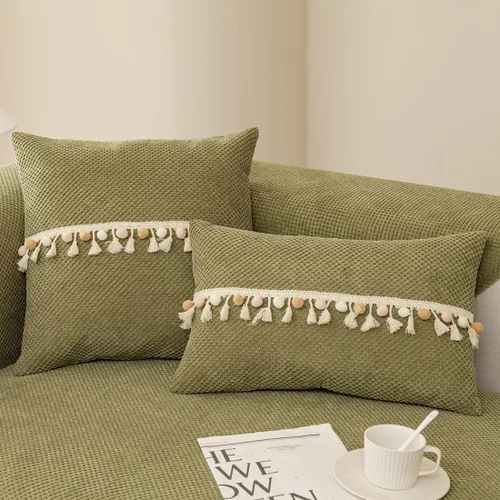 Vista 15 de vctops Funda de sofá bohemia con borlas con pompones, funda de sofá modular de pana súper suave, antideslizante, lavable, protector de muebles Verde