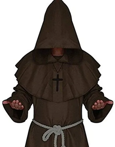 Vista 2 de Disfraz de monje renacentista medieval con capucha tipo Fraile, disfraz de cosplay.