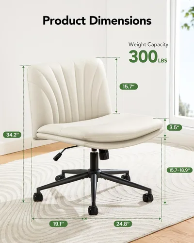 Vista 3 de Marsail Silla de escritorio de oficina sin brazos con ruedas, silla ancha de piel sintética con patas cruzadas, cómodas sillas giratorias ajustables