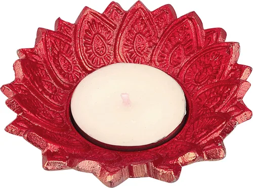 Vista 2 de SATVIK - 2 piezas Chandrarupa Diya Floral Red Lotus Flower Shape Candelabro de té Lámpara de aceite Navidad Interior Hogar Mandir Pujan Pooja