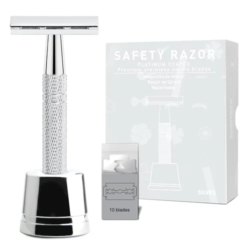 Vista 18 de Maquinilla de afeitar de seguridad azul, navajas de una sola hoja para hombres Reusable Metal Razor, with 10 Platinum Coated Double Edge Blades
