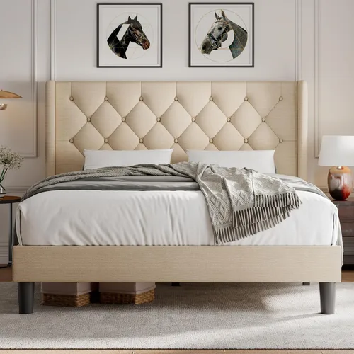 Vista 8 de iPormis - Base de cama tapizada de tamaño completo con cabecera capitonada con botones, base de cama tapizada con listones de madera sólidos, 20 cm
