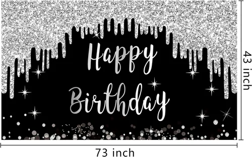 Vista 2 de Cartel de feliz cumpleaños negro y blanco plateado para mujeres y niñas, cartel de feliz cumpleaños negro y plateado, suministros de fiesta, póster