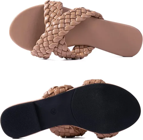 Vista 5 de Sandalias planas para mujer con tiras cruzadas de cuero trenzado color piel sandalias de moda para fiestas noche y bodas