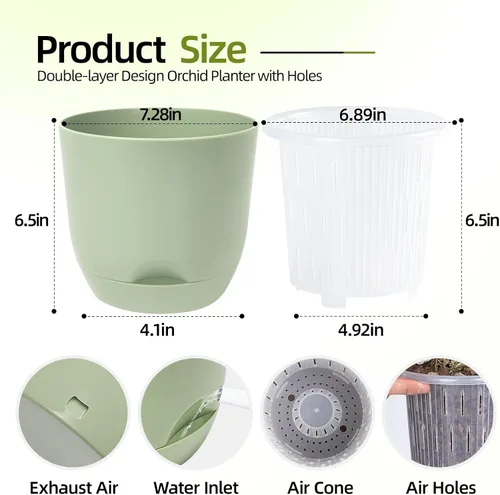 Vista 2 de QCQHDU Macetas de orquídeas de 7.2 pulgadas con agujeros para trasplantar, macetas de plástico de doble capa con riego automático para plantas