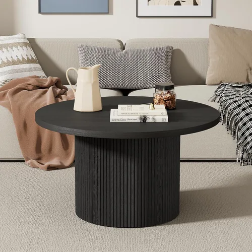 Vista 6 de Furniway Mesa de centro redonda, mesa de centro circular de 35.4 pulgadas de ancho, mesa de madera y mesa central para sala de estar, color negro