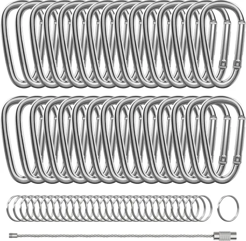 Vista 8 de 30 piezas de mosquetones de aluminio, mosquetones de resorte en forma de D de 2" con 30 llaveros de gancho para llavero