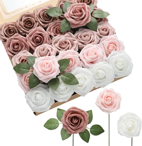 Vista 12 de DerBlue 60 rosas artificiales de aspecto real, rosas artificiales de espuma para decoración de bodas, arreglos, fiestas, decoración del hogar