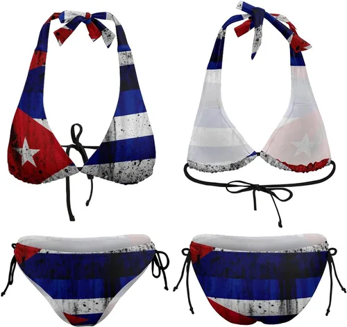 Vista 6 de Traje de baño de 2 piezas con bandera cubana retro para mujer con traje de baño halter