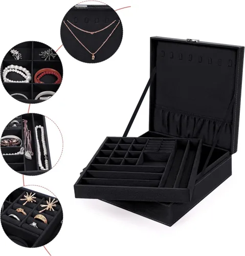 Vista 4 de MOSISO Joyero y organizador de joyas de viaje, organizador de joyas apilable de doble capa con bloqueo, bolsa de almacenamiento portátil de joyería