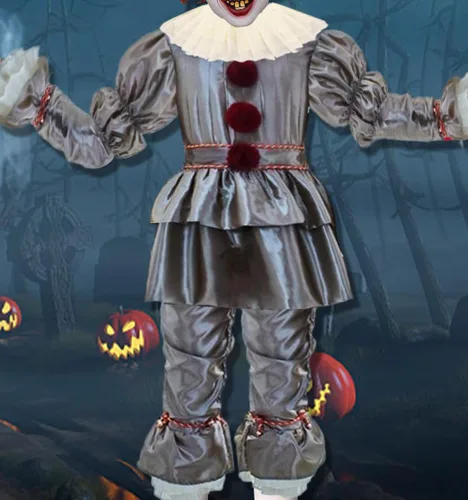Vista 4 de Disfraz de payaso de Halloween, película de miedo, maquillaje de película de miedo, disfraz de cosplay para niños adultos (plateado)