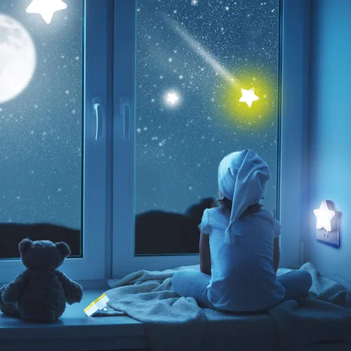 Vista 7 de Mudder 4 piezas de luz nocturna de estrella enchufable a la pared, luz nocturna LED suave, linda lámpara de pared para cuarto de bebé, sensor