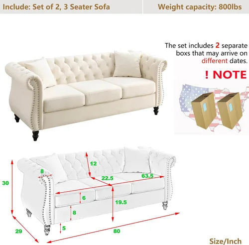 Vista 2 de Sofá Chesterfield de terciopelo beige de 80 pulgadas para sala de estar, 2 piezas, sofá de 3 plazas, con botones copetudos, respaldo curvado, brazos