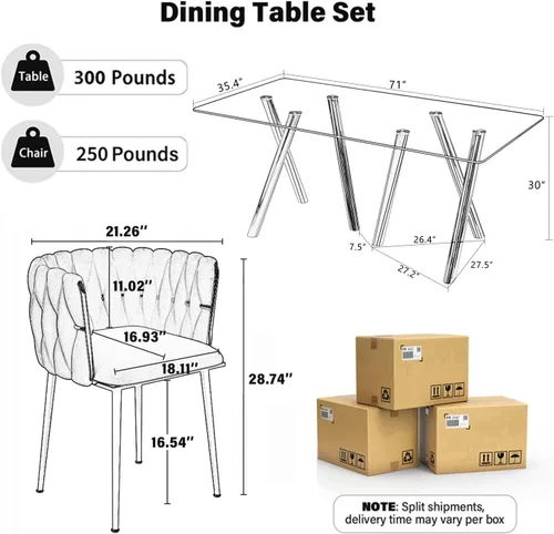 Vista 3 de Glam Style - Juego de 5 mesas de comedor para 4, mesa de comedor rectangular de vidrio templado de 71 pulgadas con base de metal dorado, sillas