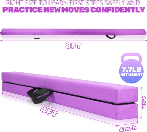 Vista 2 de FC FUNCHEER - Viga de equilibrio plegable, viga de suelo para gimnasia, equipo de gimnasia para niños, base de madera, fondo antideslizante y bolsa
