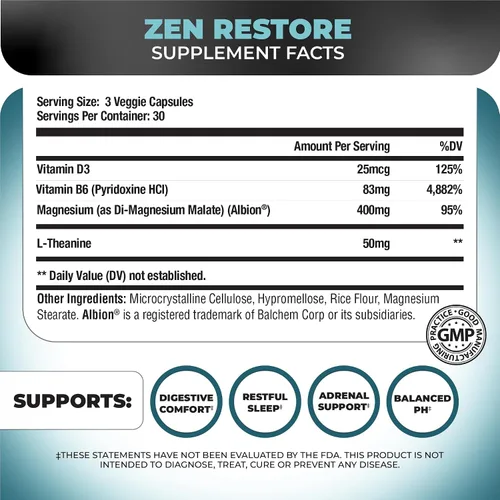 Vista 2 de Nutrology Zen Restore - 400 mg de malato de magnesio, vitamina D3 y L-teanina, apoya el sueño, la recuperación muscular y el bienestar suprarrenal