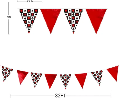 Vista 7 de Decoraciones de fiesta de casino de 32 pies, pancarta roja y negra, bandera triangular, banderines de tela para noche de juegos, temática de Las