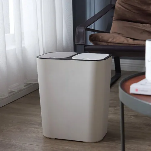 Vista 5 de Bote de basura de doble compartimento para residuos de cocina, contenedor de basura blanco con tapa para separación seca y húmeda, elegante cubo
