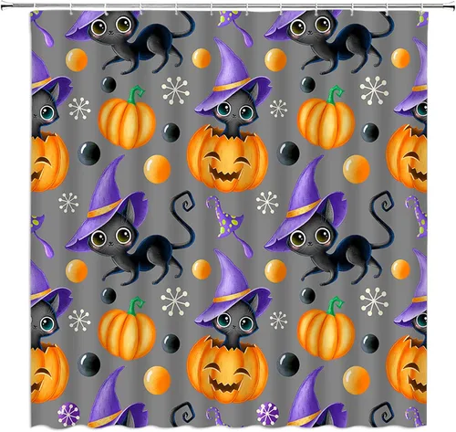 Vista 5 de Cortina de ducha de Halloween, castillo aterrador, calabaza, camión, calavera, murciélago de terror, luna llena, bruja, tela gótica, juego