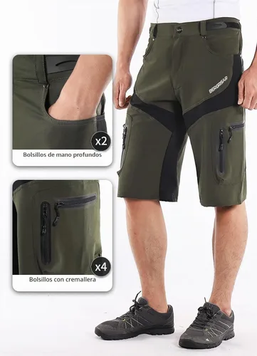 Vista 6 de BERGRISAR Pantalones cortos de ciclismo para hombre, corte holgado, con 6 bolsillos Verde militar