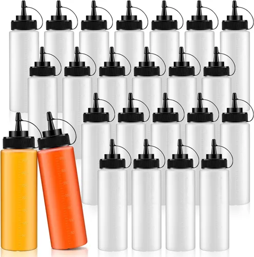 Vista 8 de Dandat 12 botellas de condimentos para salsas, botellas de plástico de 12 onzas con tapas, botella reutilizable para chorros con escala digital