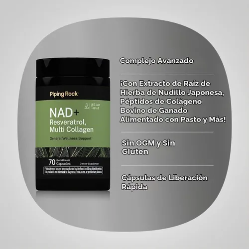 Vista 4 de Piping Rock Suplemento NAD Resveratrol Plus Colágeno 70 Cápsulas