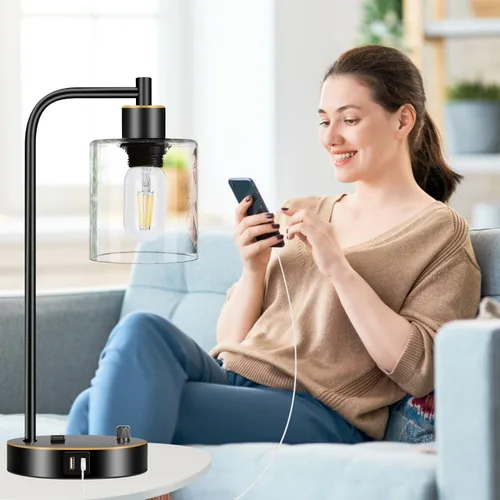 Vista 8 de Juego de 2 lámparas de mesa industriales negras y doradas con puerto USB, lámparas de noche regulables totalmente continuas para dormitorios Vidrio