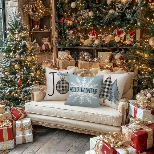 Vista 4 de GEEORY Juego de 4 fundas de almohada de Navidad de 18 x 18 pulgadas para decoraciones de Navidad, árbol de Navidad, alegría, nieve, Navidad feliz