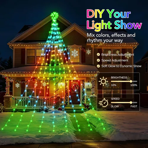 Vista 6 de Luces de Cascada de Navidad RGB Inteligentes de 16.4 Pies con Estrella, APP y Control Remoto, Espectáculo de Luz Personalizado DIY y Sincronización