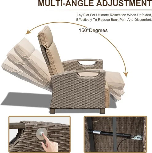 Vista 4 de Domi - Silla reclinable para exteriores, sillón reclinable de patio con mimbre tejido a mano, mesa abatible con respaldo de empuje, ángulo