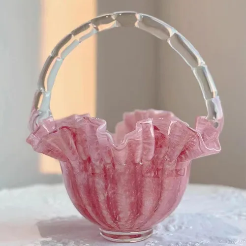 Vista 5 de YY Pink Basket Handmade Vase for Flowers Glass Bag Vase, Handbag Shape Flower vase, Blown Pink Flower Vase for Basket, Unique Flower Vase with