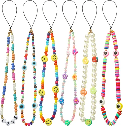 Vista 15 de 6 dijes con cuentas para teléfono, correas con cuentas de frutas, estrellas, perlas falsas y arcoíris, cadenas de teléfono con cuentas para cámara