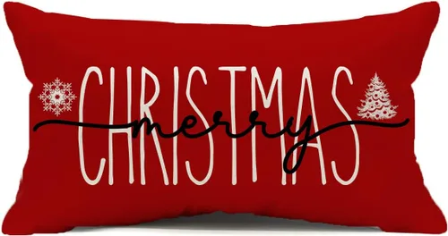 Vista 11 de Funda de Cojín para Decoraciones Navideñas Feliz Navidad, 18 x 18 Pulgadas Funda de Cojín con Frase Navideña Estilo Granja para Sofá Sillón