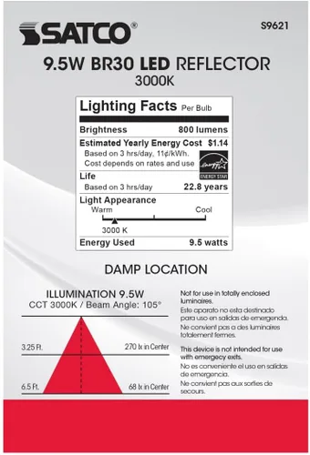 Vista 5 de Satco Lighting - Bombillas LED BR30 de 9.5 W, ángulo de haz de 105 grados, 3000 K, base media E26, 120 voltios, regulables, 750 lúmenes