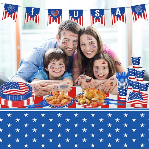 Vista 4 de 108 piezas de suministros para fiesta del 4 de julio, juego de vajilla con la bandera estadounidense, decoraciones patrióticas para fiestas