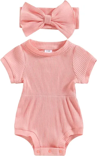 Vista 78 de Traje de verano para niña pequeña, de manga corta, acanalado, overol liso, pantalones cortos, ropa para recién nacidos