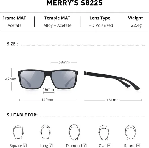 Vista 2 de MERRY'S - Lentes de sol deportivos, polarizados, rectangulares, para hombres y mujeres, con protección UV400, S8225, ciclismo, conducción, pesca