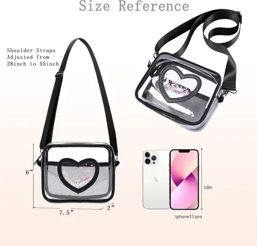Vista 3 de Bolso cruzado transparente para mujeres y niñas, aprobado por el estadio, para niños, bolso en forma de corazón, cartera pequeña, bolsa para monedas